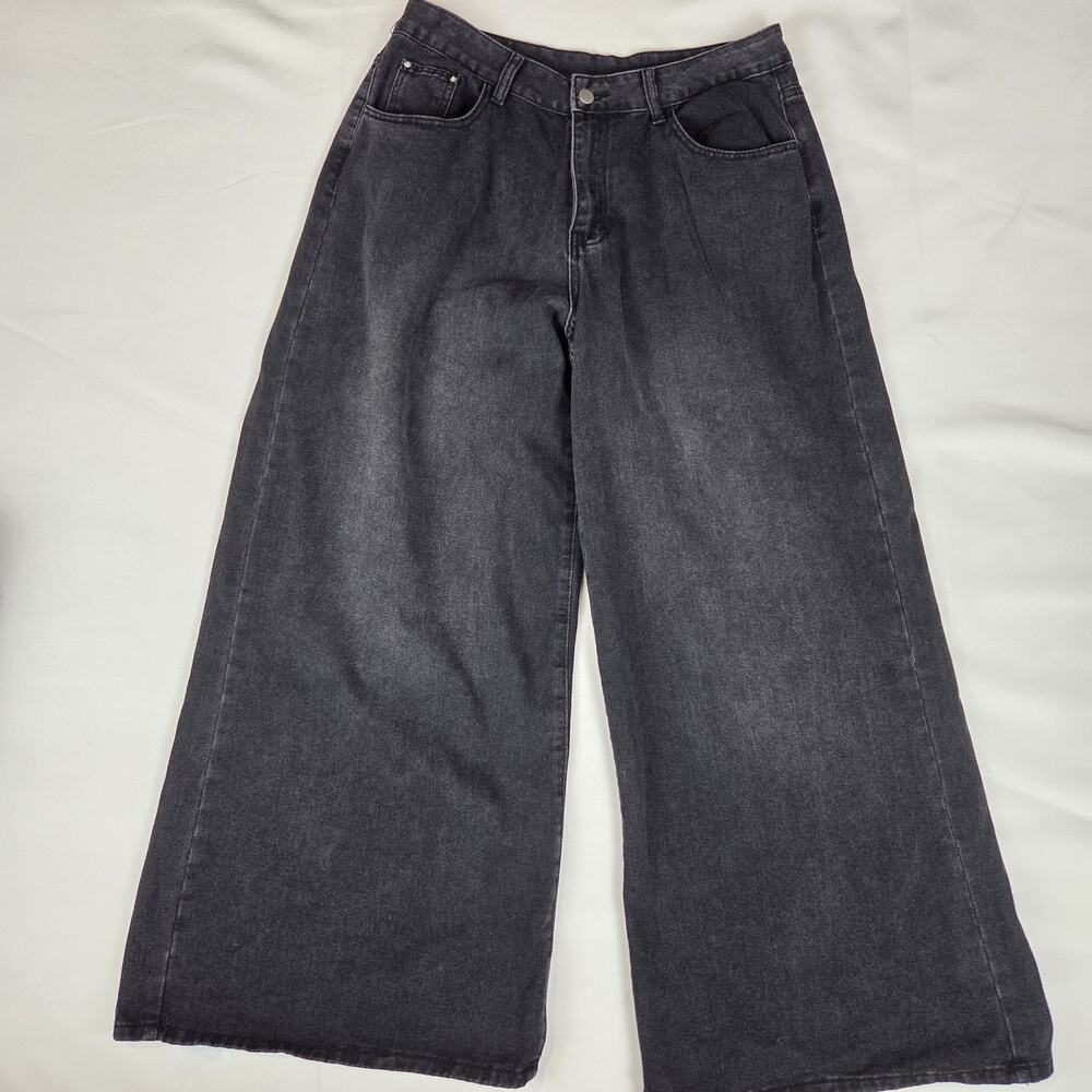 Women's XL Black Wash Wide Leg Jeans Y2K Goth Embroidered Cross Rhinestone Denim